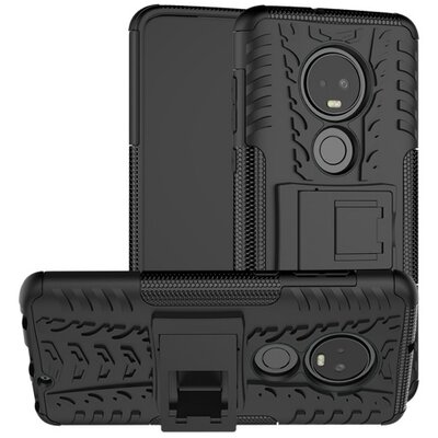 Defender műanyag hátlapvédő telefontok (közepesen ütésálló, gumi / szilikon belső, kitámasztó, autógumi minta) Fekete [Motorola Moto G7 (XT1962)]