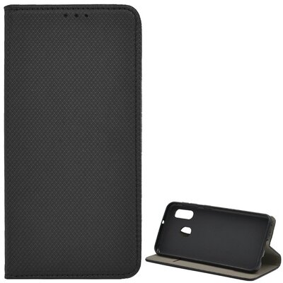 Telefontok álló, bőr hatású (flip, oldalra nyíló, asztali tartó funkció, rombuszminta) Fekete [Samsung Galaxy A20e (SM-202F)]