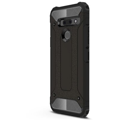 Defender műanyag hátlapvédő telefontok (közepesen ütésálló, légpárnás sarok, gumi / szilikon belső, fémhatás) Fekete [LG G8 ThinQ (G820Q)]