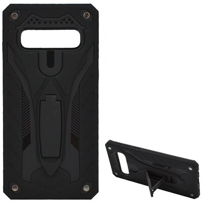 Defender műanyag hátlapvédő telefontok (közepesen ütésálló, gumi / szilikon belső, kitámasztó) Fekete [Samsung Galaxy S10 (SM-G973)]