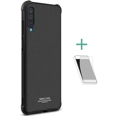 IMAK hátlapvédő telefontok gumi / szilikon (közepesen ütésálló, légpárnás sarok, matt + Kijelzővédő fólia) Fekete [Samsung Galaxy A70 (SM-A705F)]