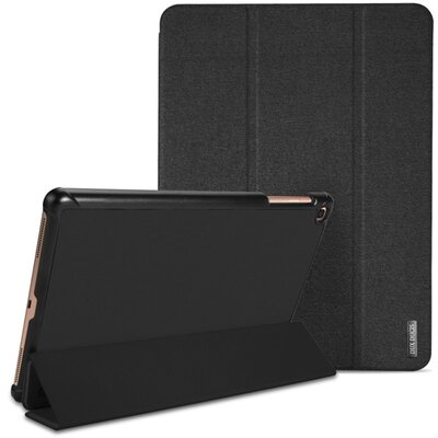 DUX DUCIS DOMO tablet védőtok álló, bőr (aktív flip, oldalra nyíló, TRIFOLD asztali tartó funkció, textilminta), Fekete [Samsung Galaxy Tab A 10.1 WIFI (2019) SM-T510, Samsung Galaxy Tab A 10.1 LTE (2019) SM-T515]