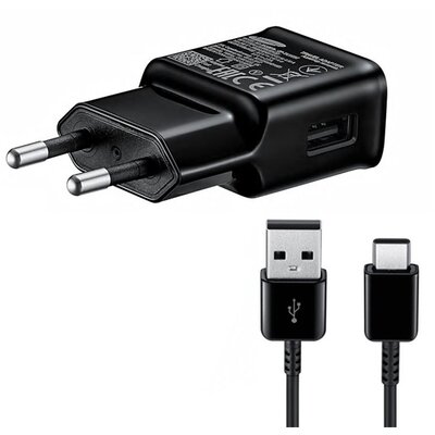 SAMSUNG EP-TA200EBE Hálózati töltő USB aljzat (5V / 2000 mA, EP-DG970 USB Type-C kábel, gyorstöltés támogatás) FEKETE