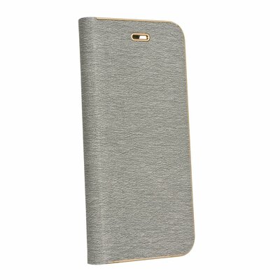 Luna Book elegáns flipes oldalra nyíló bőr hatású telefontok, alumínium éllel - Samsung Galaxy A40, Ezüst