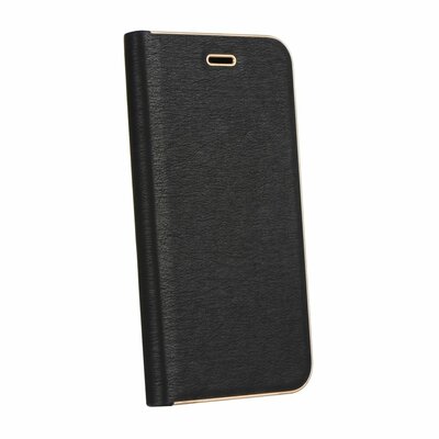 Luna Book elegáns flipes oldalra nyíló bőr hatású telefontok, alumínium éllel - Samsung Galaxy A40, Fekete