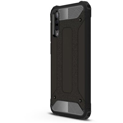 Defender műanyag Hátlapvédő telefontok (közepesen ütésálló, légpárnás sarok, gumi / szilikon belső, fémhatás) Fekete [Samsung Galaxy A70 (SM-A705F)]