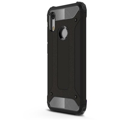 Defender műanyag Hátlapvédő telefontok (közepesen ütésálló, légpárnás sarok, gumi / szilikon belső, fémhatás) Fekete [Honor 8A (Play 8A)]