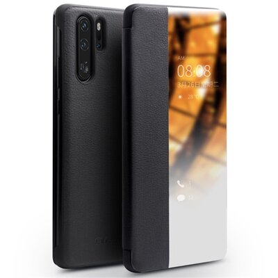 QIALINO Telefontok álló, valódi bőr (aktív flip, oldalra nyíló, asztali tartó funkció, S-View Cover) Fekete [Huawei P30 Pro]