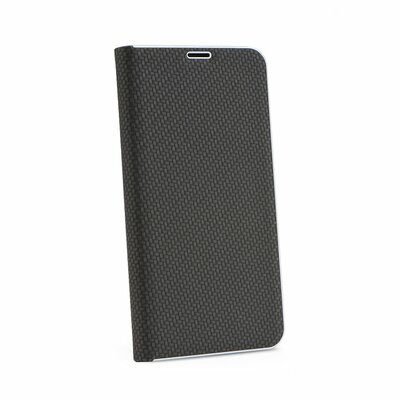 Luna Carbon elegáns karbon mintás flipes oldalra nyíló bőr hatású telefontok, alumínium élekkel - Samsung Galaxy S10, Fekete