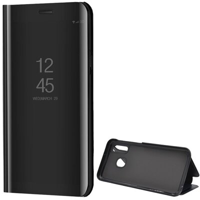 Telefontok álló (aktív flip, oldalra nyíló, asztali tartó funkció, tükrös felület, Mirror View Case) Fekete [Samsung Galaxy A40 (SM-A405F)]