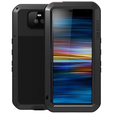 LOVE MEI Powerful defender elő- és hátlapvédő telefontok, gumi (ütésálló, Gorilla Glass üveg, fém keret) Fekete [Sony Xperia 10 (L4113)]