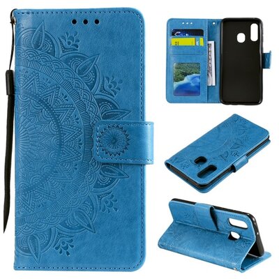 Telefontok álló, bőr hatású (flip, oldalra nyíló, asztali tartó funkció, csuklópánt, mandala minta) Kék [Samsung Galaxy A40 (SM-A405F)]