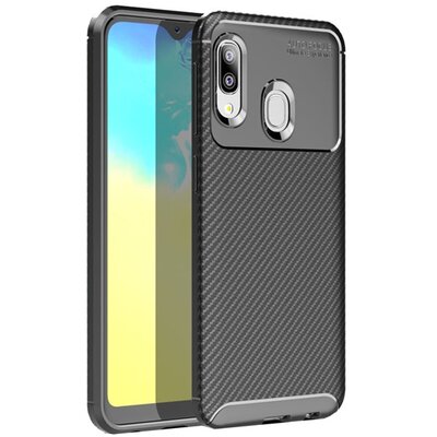 Hátlapvédő telefontok gumi / szilikon (közepesen ütésálló, légpárnás sarok, karbon minta) Fekete [Samsung Galaxy A20e (SM-A202F)]