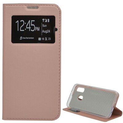 Telefontok álló, bőr hatású (flip, oldalra nyíló, hívókijelzés, asztali tartó funkció, View Window) RoseGold [Samsung Galaxy A40 (SM-A405F)]