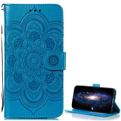 Telefontok álló, bőr hatású (flip, oldalra nyíló, asztali tartó funkció, csuklópánt, virág, mandala minta) Kék [Samsung Galaxy A50 (SM-A505F)]
