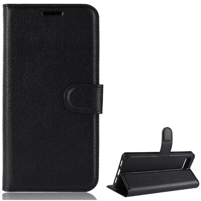 Telefontok álló, bőr hatású (flip, oldalra nyíló, asztali tartó funkció, prémium) Fekete [Blackberry KEY2 LE]