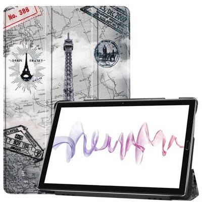 Tablet védőtok álló, bőr (aktív flip, oldalra nyíló, TRIFOLD asztali tartó funkció, Eiffel torony, térképminta) SZÜRKE [Huawei MediaPad M6 10.8 LTE, Huawei MediaPad M6 10.8 WIFI]