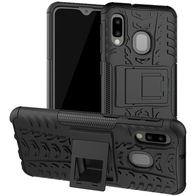Defender műanyag hátlapvédő telefontok (közepesen ütésálló, gumi / szilikon belső, kitámasztó, autógumi minta) Fekete [Samsung Galaxy A20e (SM-A202F)]