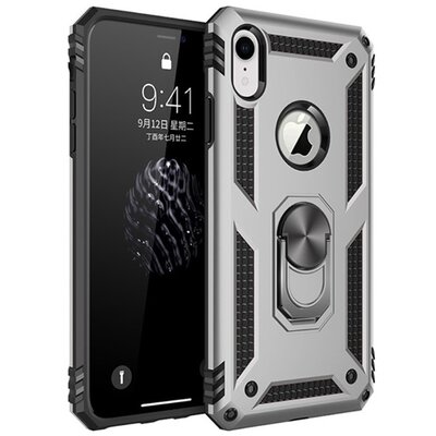 Defender műanyag hátlapvédő telefontok (közepesen ütésálló, gumi / szilikon belső, telefontartó gyűrű, beépített fémlemez) Ezüst [Apple iPhone XR 6.1]