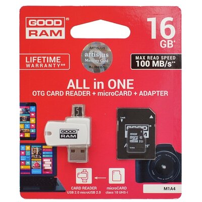 GOODRAM M1A4-0160R12 All In One memóriakártya TransFlash 16GB (microSDHC EVO - Class 10, UHS-1) + SD adapter + USB kártyaolvasó