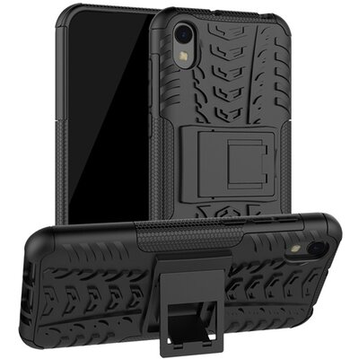 Defender műanyag hátlapvédő telefontok (közepesen ütésálló, szilikon belső, kitámasztó, autógumi minta) Fekete [Honor 8S, Huawei Y5 (2019)]