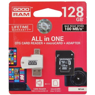 GOODRAM M1A4-1280R12 All In One memóriakártya TransFlash 128GB (microSDHC EVO - Class 10, UHS-1) + SD adapter + USB kártyaolvasó