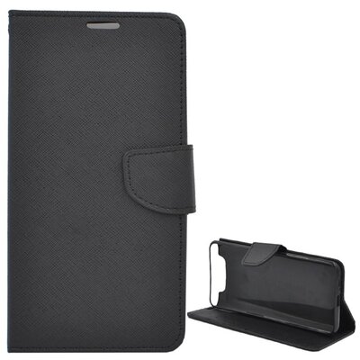 Telefontok álló, bőr hatású (flip, oldalra nyíló, asztali tartó funkció, textilminta) Fekete [Samsung Galaxy A80 (SM-A805F)]