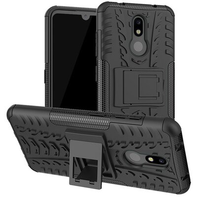 Defender műanyag hátlapvédő telefontok (közepesen ütésálló, szilikon belső, kitámasztó, autógumi minta) Fekete [Nokia 3.2]