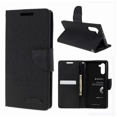 MERCURY Canvas Diary telefontok álló (flip, oldalra nyíló, asztali tartó funkció, textil hatás) Fekete [Samsung Galaxy Note 10 (SM-N970F)]