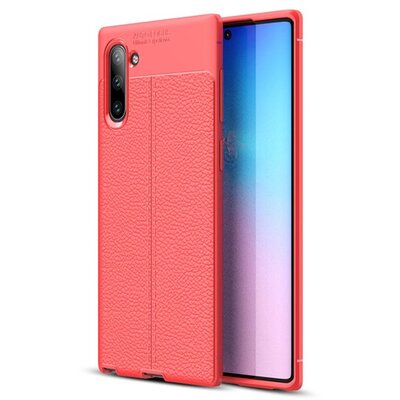 Szilikon hátlapvédő telefontok (közepesen ütésálló, bőrhatás, varrás minta) Piros [Samsung Galaxy Note 10 (SM-N970F)]