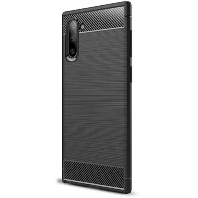Szilikon hátlapvédő telefontok (közepesen ütésálló, légpárnás sarok, szálcsiszolt, karbonminta) Fekete [Samsung Galaxy Note 10 (SM-N970F)]