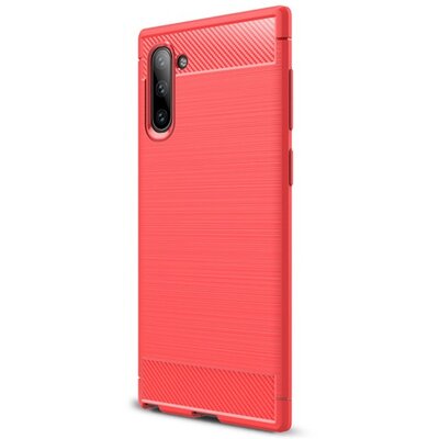 Szilikon hátlapvédő telefontok (közepesen ütésálló, légpárnás sarok, szálcsiszolt, karbonminta) Piros [Samsung Galaxy Note 10 (SM-N970F)]