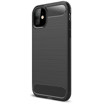 Szilikon hátlapvédő telefontok (közepesen ütésálló, légpárnás sarok, szálcsiszolt, karbon minta) Fekete [Apple iPhone 11]