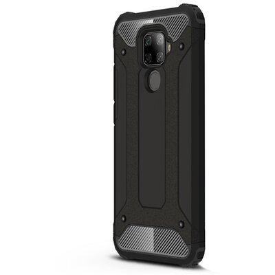Defender műanyag hátlapvédő telefontok (közepesen ütésálló, légpárnás sarok, szilikon belső, fémhatás) Fekete [Huawei Mate 30 Lite]