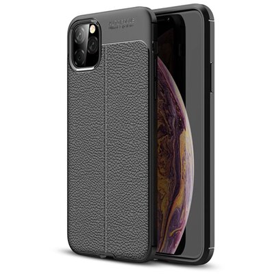Szilikon hátlapvédő telefontok (közepesen ütésálló, bőr hatású, varrás minta) Fekete [Apple iPhone 11 Pro Max]