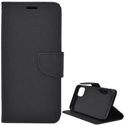 Telefontok álló, bőr hatású (flip, oldalra nyíló, asztali tartó funkció, csuklópánt, textil minta) Fekete [Apple iPhone 11 Pro Max]