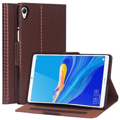 Tablet védőtok álló, bőr hatású (FLIP, oldalra nyíló, asztali tartó funkció, karbon minta) BARNA [Huawei MediaPad M6 8.4 LTE, Huawei MediaPad M6 8.4 WIFI]