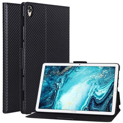Tablet védőtok álló, bőr hatású (FLIP, oldalra nyíló, asztali tartó funkció, karbon minta), Fekete [Huawei MediaPad M6 10.8 LTE, Huawei MediaPad M6 10.8 WIFI]
