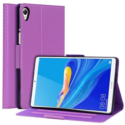 Tablet védőtok álló, bőr hatású (FLIP, oldalra nyíló, asztali tartó funkció, karbon minta) LILA [Huawei MediaPad M6 8.4 LTE, Huawei MediaPad M6 8.4 WIFI]