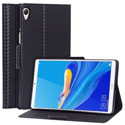 Tablet védőtok álló, bőr hatású (FLIP, oldalra nyíló, asztali tartó funkció, karbon minta), Fekete [Huawei MediaPad M6 8.4 LTE, Huawei MediaPad M6 8.4 WIFI]