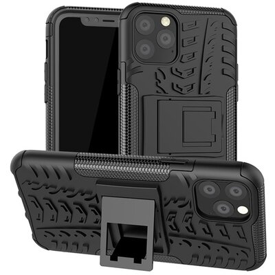 Defender műanyag hátlapvédő telefontok (közepesen ütésálló, szilikon belső, kitámasztó, autógumi minta) Fekete [Apple iPhone 11 Pro]