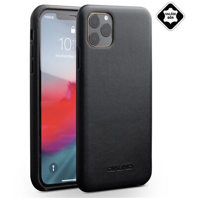 QIALINO műanyag hátlapvédő telefontok (valódi bőr bevonat) Fekete [Apple iPhone 11 Pro]