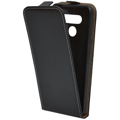 Telefontok álló, bőr hatású (flip, lefelé nyíló, szilikon tartó) Fekete [LG Q60 (LMX525)]