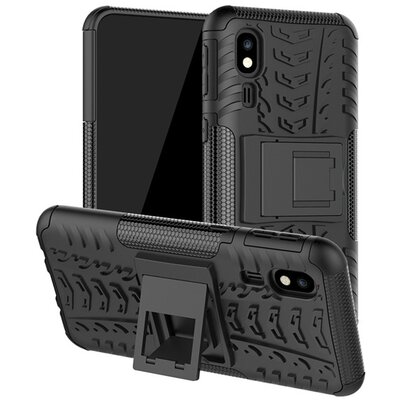 Defender műanyag hátlapvédő telefontok (közepesen ütésálló, szilikon belső, kitámasztó, autógumi minta) Fekete [Samsung Galaxy A2 Core (SM-A260F)]