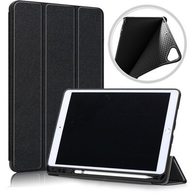 Tablet védőtok álló, bőr hatású (aktív flip, oldalra nyíló, TRIFOLD asztali tartó funkció), Fekete [Apple IPAD 10.2 (2019)]