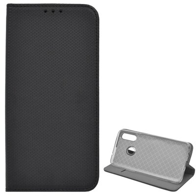 Telefontok álló, bőr hatású (flip, oldalra nyíló, asztali tartó funkció, rombusz minta) Fekete [Samsung Galaxy A20s (SM-A207F)]