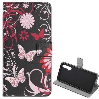 Telefontok álló, bőr hatású (flip, oldalra nyíló, asztali tartó funkció, pillangó, virág minta) Fekete [Honor 20, Huawei Nova 5T]