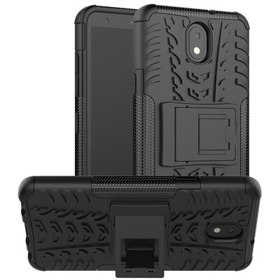 Defender műanyag hátlapvédő telefontok (közepesen ütésálló, szilikon belső, kitámasztó, autógumi minta) Fekete [LG K30 2019 (LMX320)]