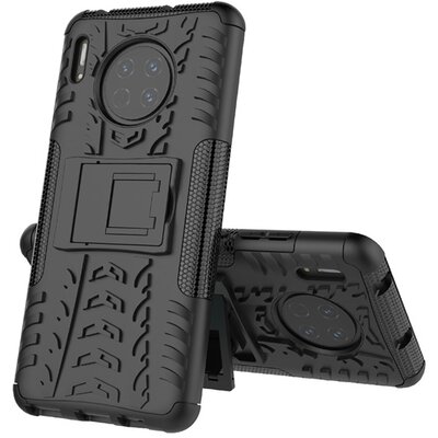 Defender műanyag hátlapvédő telefontok (közepesen ütésálló, szilikon belső, kitámasztó, autógumi minta) Fekete [Huawei Mate 30]