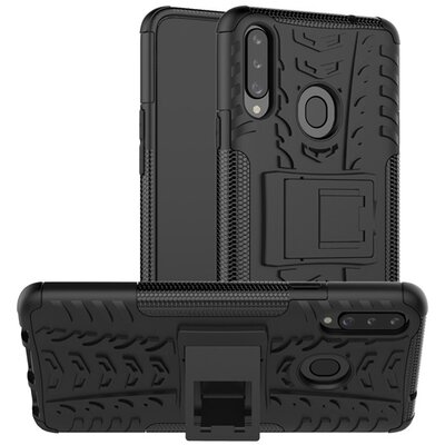 Defender műanyag hátlapvédő telefontok (közepesen ütésálló, szilikon belső, kitámasztó, autógumi minta) Fekete [Samsung Galaxy A20s (SM-A207F)]